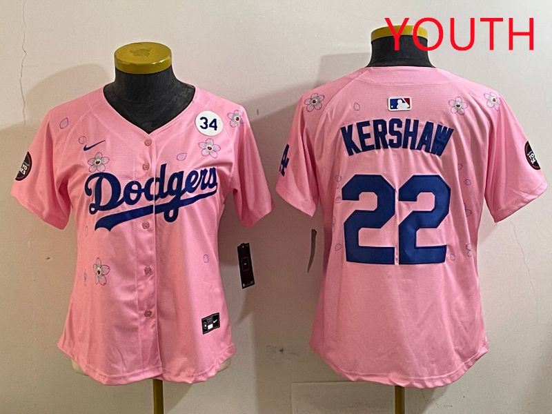 Youth Los Angeles Dodgers #22 Kershaw Pink White Blue Sakura Edition 2025 Nike MLB Jersey style 8->youth mlb jersey->Youth Jersey